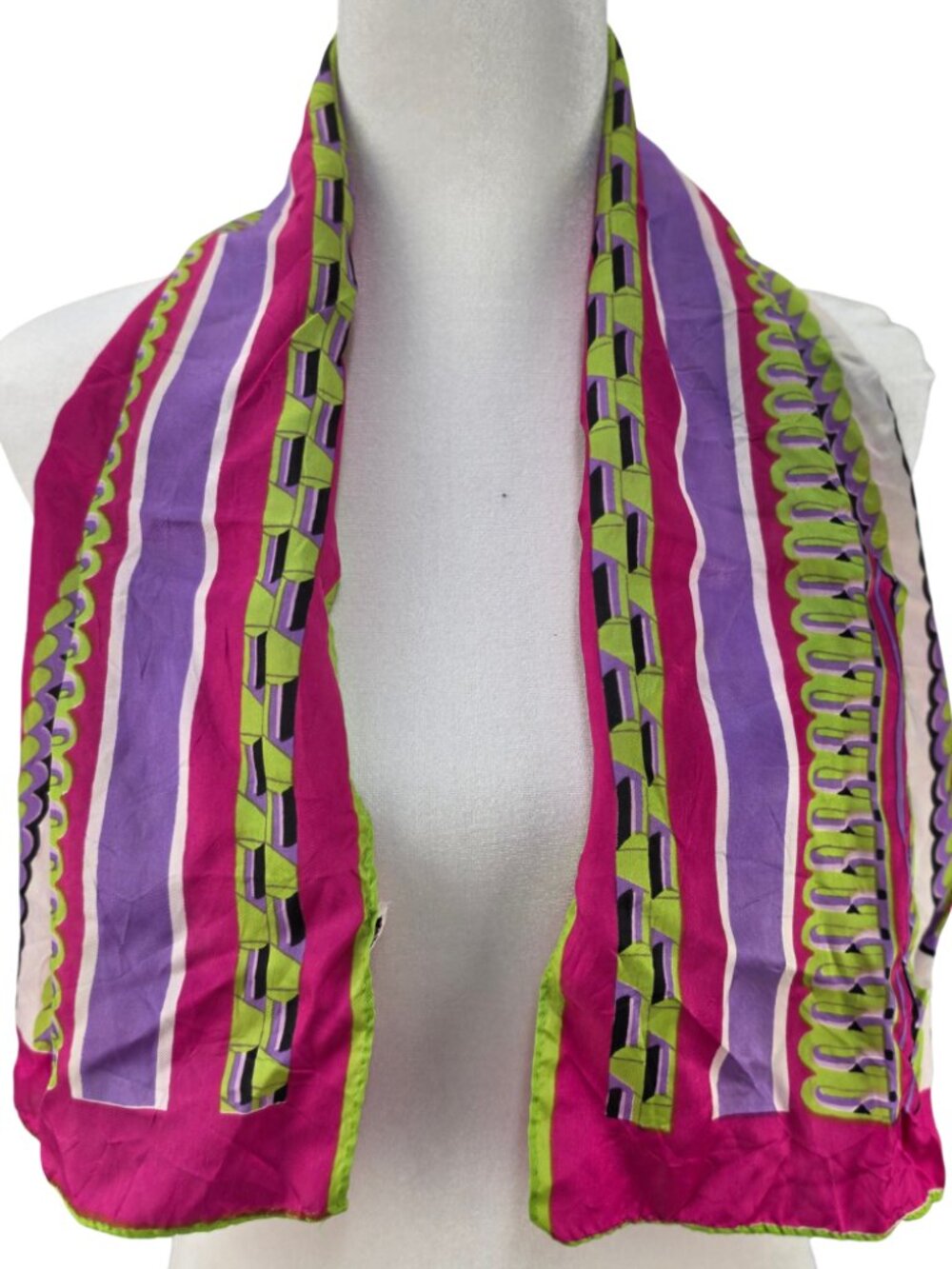 Vtg 70s Sally Gee Japan Acetate Scarf Colorful Fuchsia Lime 39" Oblong Rectangle